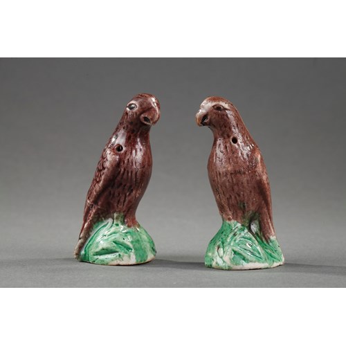 Chinese brown and green enamelled biscuit pair of birds miniature standing on a rock
